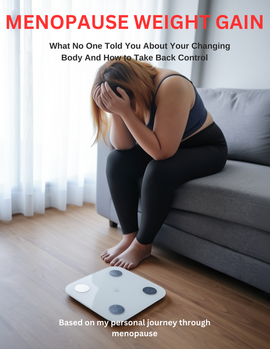 Woman sitting on a couch with her head in her hands next to a weight scale, with text about menopause weight gain.