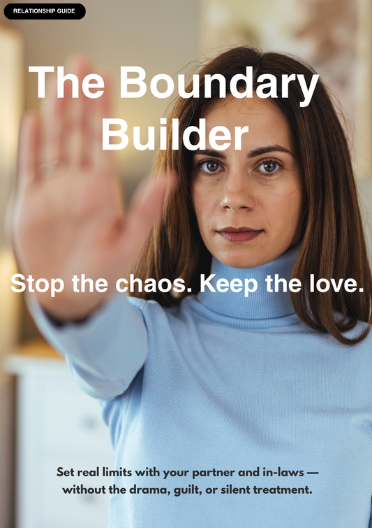 Woman in a light blue turtleneck raising her hand with text overlay about setting boundaries in relationships.