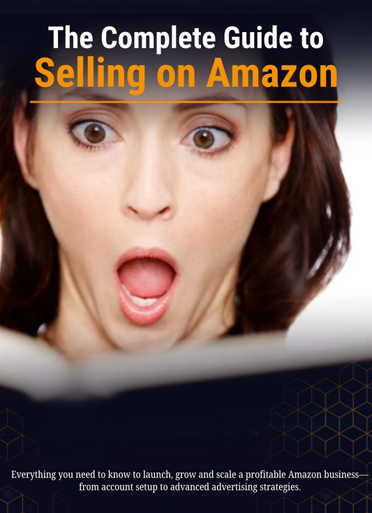 Book cover titled 'The Complete Guide to Selling on Amazon' with a woman's face showing surprise.