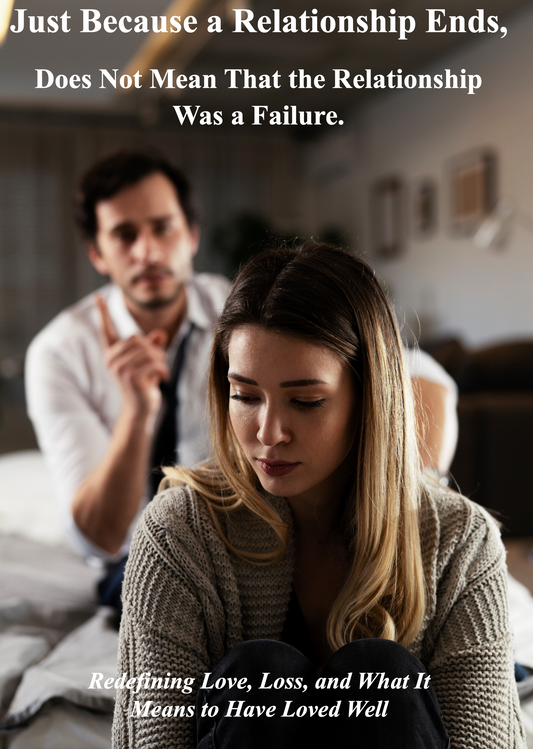 Two people sitting apart with a text overlay about relationships and love.